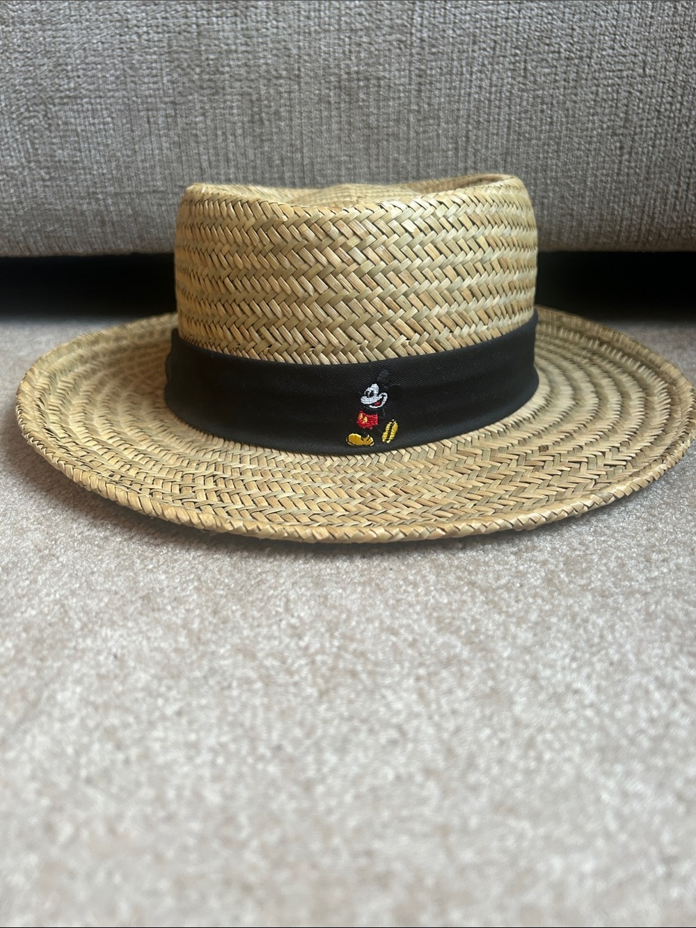 Disney Parks Straw Hat with Black Band and Mickey Mouse Embroidery